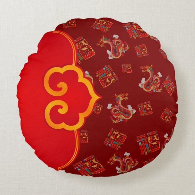 Elegant Red Dragon Chinese New Year Lucky Symbol 福 Round Cushion (Front)