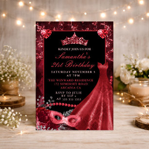 Elegant Red Dress Masquerade Birthday Invitation