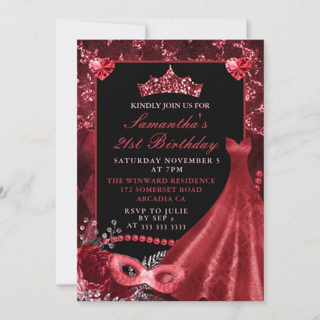 Elegant Red Dress Masquerade Birthday Invitation (Front)