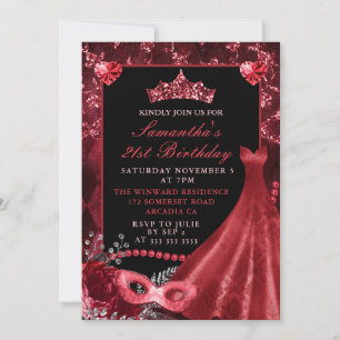 Elegant Red Dress Masquerade Birthday Invitation