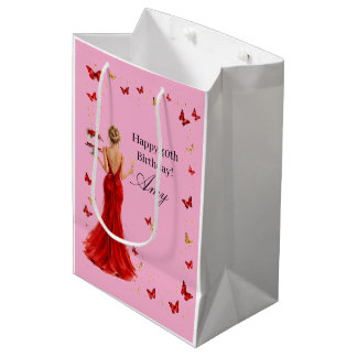 Elegant Red dress with butterflies 40th birthday Medium Gift Bag