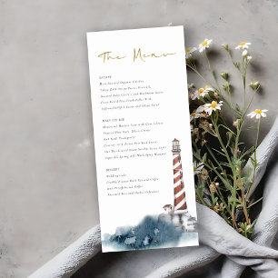 ELEGANT RED DUSKY BLUE LIGHTHOUSE SEA WAVE WEDDING MENU