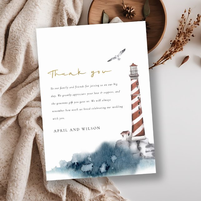 ELEGANT RED DUSKY BLUE LIGHTHOUSE SEA WAVE WEDDING THANK YOU CARD (Creator Uploaded)