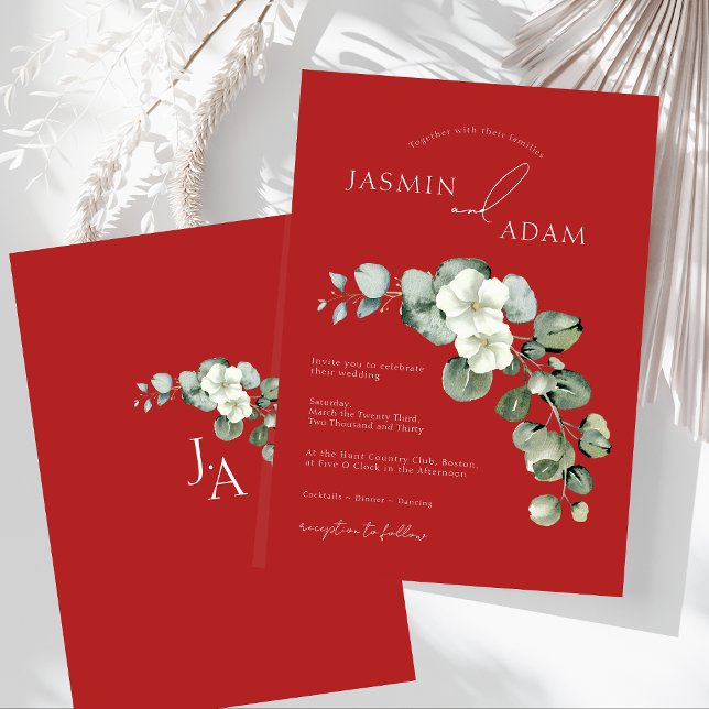 Elegant Red Eucalyptus Greenery Foliage Wedding Invitation (Crimson Red Eucalyptus Greenery Foliage Wedding Invitation)