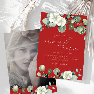 Elegant Red Eucalyptus Greenery Photo Wedding Invitation