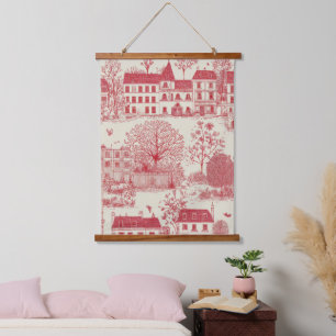Elegant Red European Toile Landscape Pattern Hanging Tapestry