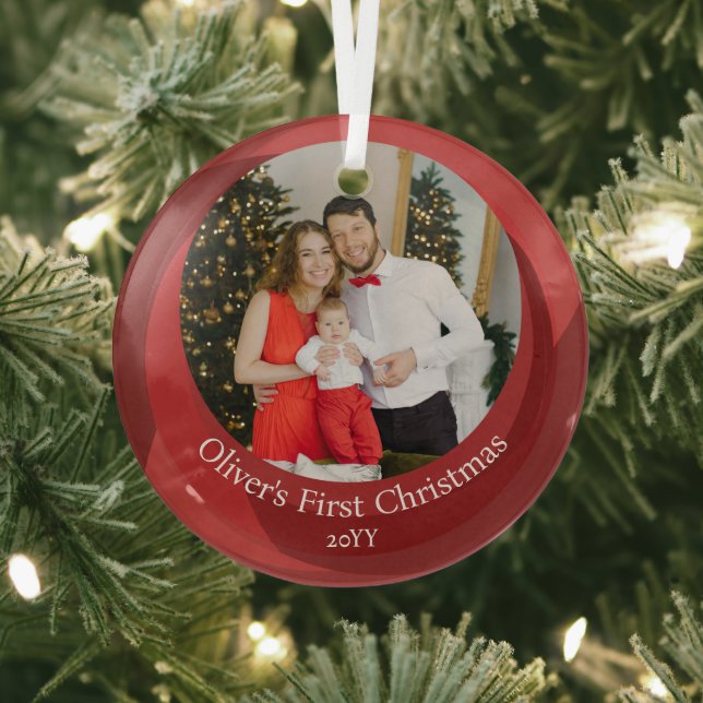 Elegant Red Family Photo Baby's First Christmas Glass Tree Decoration (Insitu)