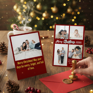 Elegant Red Family Photo Collage Christmas Holiday Card