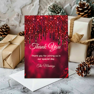 Elegant red faux glitter drips thank you card