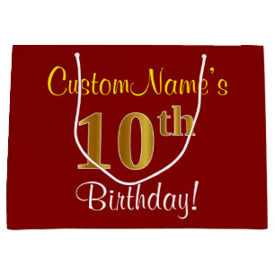Elegant, Red, Faux Gold 10th Birthday; Custom Name Large Gift Bag