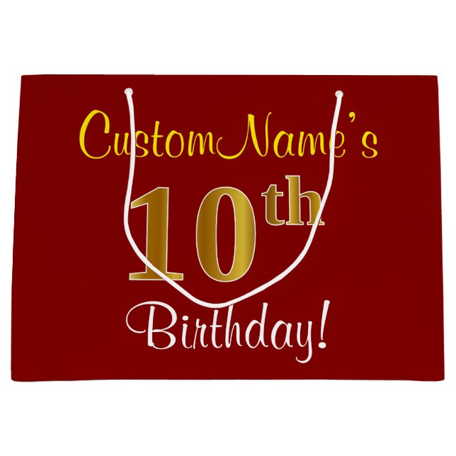 Elegant, Red, Faux Gold 10th Birthday; Custom Name Large Gift Bag (Front)
