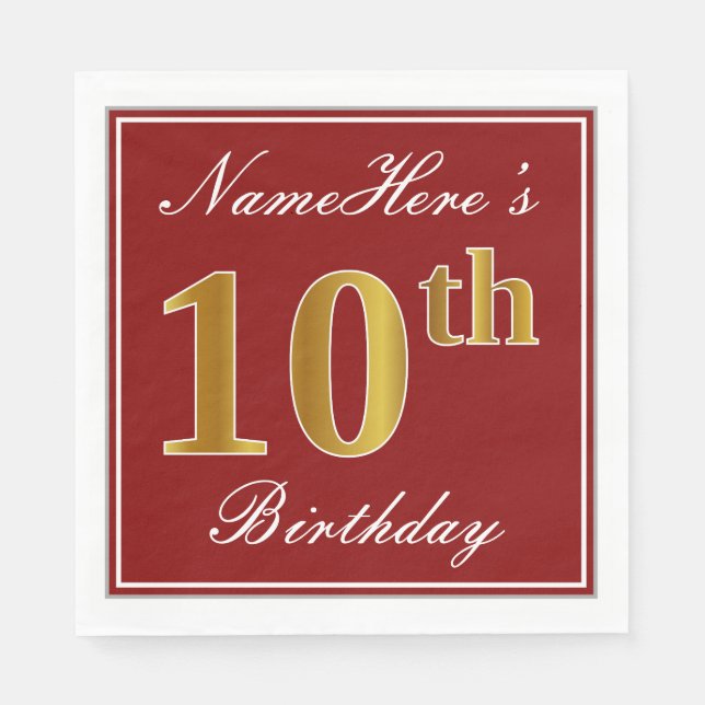 Elegant Red, Faux Gold 10th Birthday + Custom Name Napkin (Front)