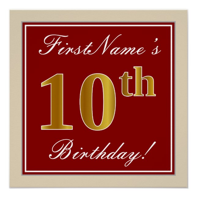 Elegant, Red, Faux Gold 10th Birthday; Custom Name Poster (Front)