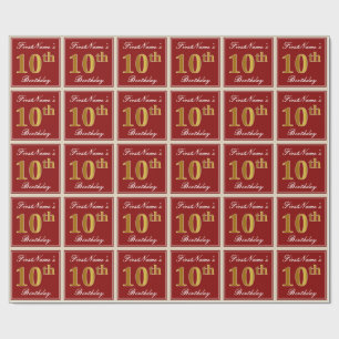 Elegant, Red, Faux Gold 10th Birthday; Custom Name Wrapping Paper