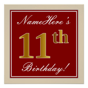 Elegant, Red, Faux Gold 11th Birthday; Custom Name Poster