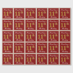 Elegant, Red, Faux Gold 11th Birthday; Custom Name Wrapping Paper