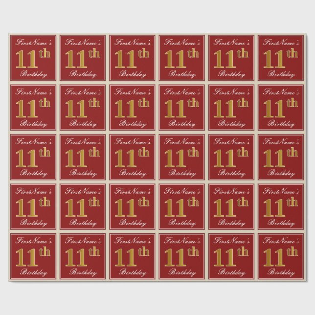 Elegant, Red, Faux Gold 11th Birthday; Custom Name Wrapping Paper (Flat)