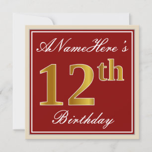 Elegant, Red, Faux Gold 12th Birthday; Custom Name Invitation