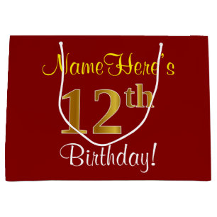 Elegant, Red, Faux Gold 12th Birthday; Custom Name Large Gift Bag