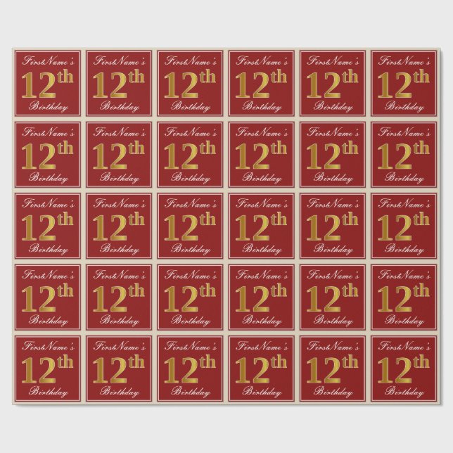Elegant, Red, Faux Gold 12th Birthday; Custom Name Wrapping Paper (Flat)