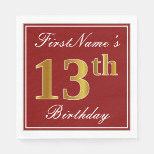 Elegant Red, Faux Gold 13th Birthday + Custom Name Napkin