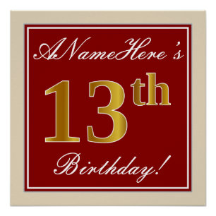 Elegant, Red, Faux Gold 13th Birthday; Custom Name Poster