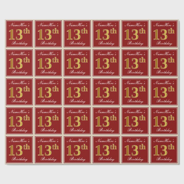 Elegant, Red, Faux Gold 13th Birthday; Custom Name Wrapping Paper (Flat)