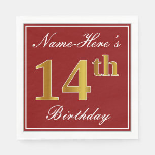 Elegant Red, Faux Gold 14th Birthday + Custom Name Napkin