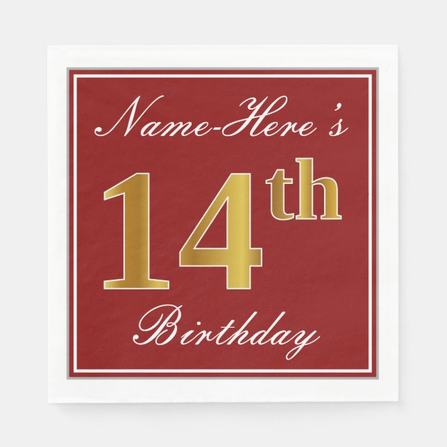 Elegant Red, Faux Gold 14th Birthday + Custom Name Napkin (Front)