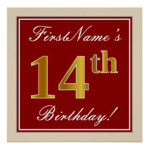 Elegant, Red, Faux Gold 14th Birthday; Custom Name Poster