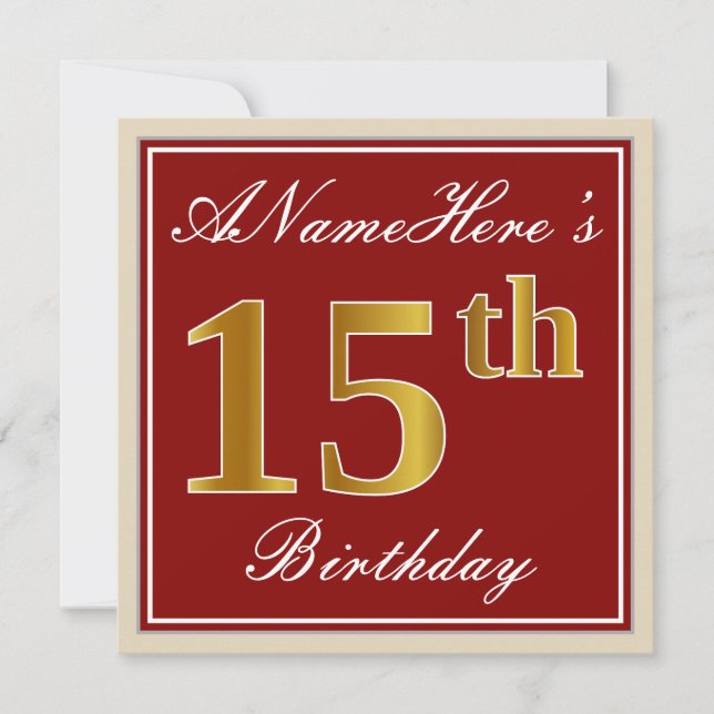 Elegant, Red, Faux Gold 15th Birthday; Custom Name Invitation (Front)