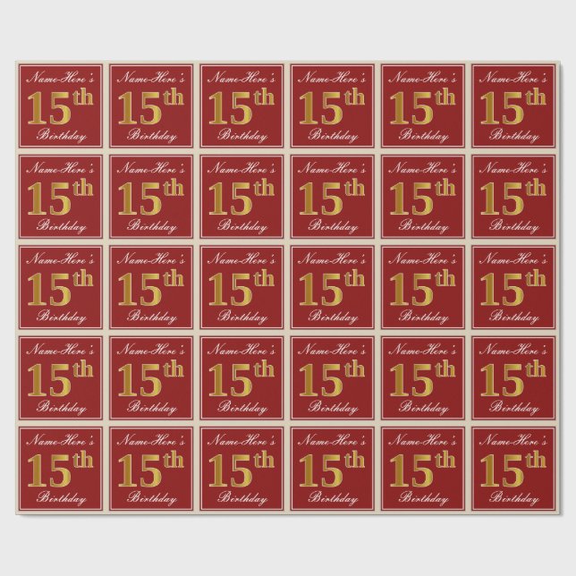 Elegant, Red, Faux Gold 15th Birthday; Custom Name Wrapping Paper (Flat)