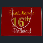 Elegant, Red, Faux Gold 16th Birthday; Custom Name Large Gift Bag<br><div class="desc">This simple, elegant birthday gift bag design features a personalised message like "FirstName’s 16th Birthday!" (with the "16th" having a faux/imitation gold-like colouring look) on a red coloured background. The name is in script-like, yellow-coloured text, and can be customised. A personalised birthday gift bag like this could perhaps be used...</div>