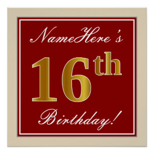 Elegant, Red, Faux Gold 16th Birthday; Custom Name Poster