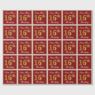 Elegant, Red, Faux Gold 16th Birthday; Custom Name Wrapping Paper