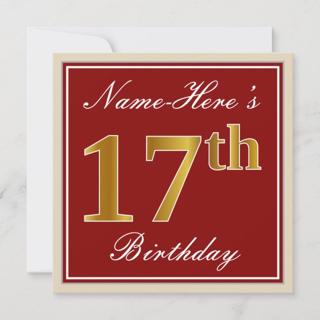 Elegant, Red, Faux Gold 17th Birthday; Custom Name Invitation (Front)
