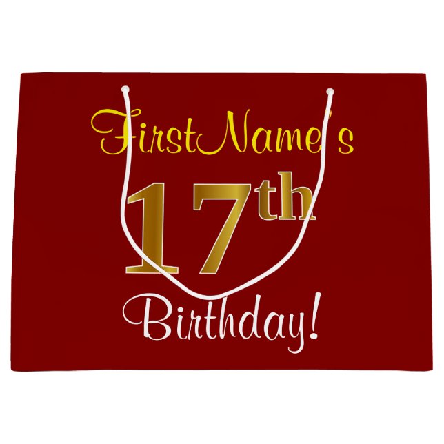 Elegant, Red, Faux Gold 17th Birthday; Custom Name Large Gift Bag (Front)