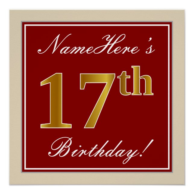 Elegant, Red, Faux Gold 17th Birthday; Custom Name Poster (Front)