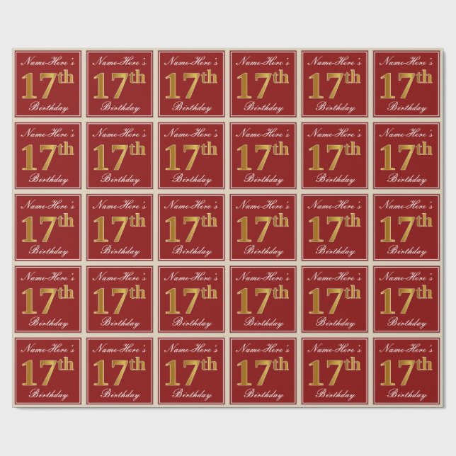 Elegant, Red, Faux Gold 17th Birthday; Custom Name Wrapping Paper (Flat)