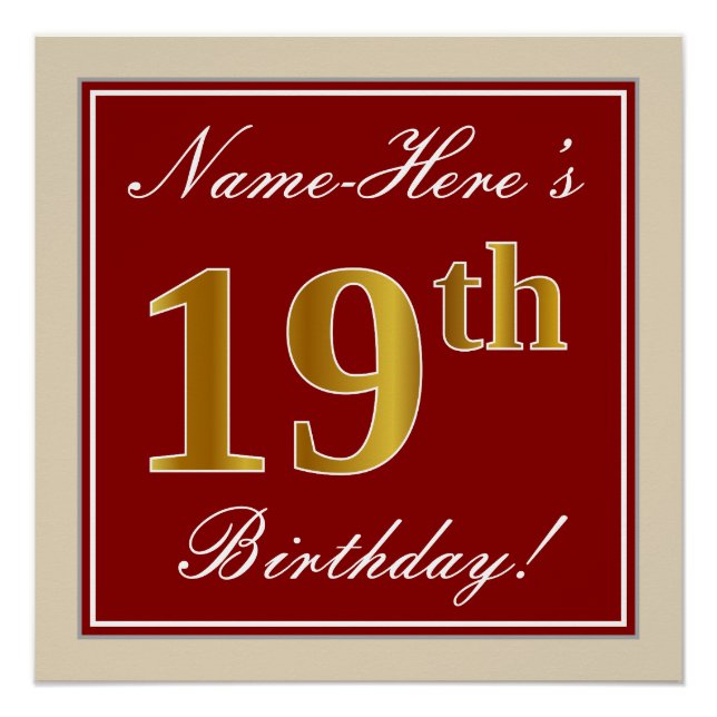 Elegant, Red, Faux Gold 19th Birthday; Custom Name Poster (Front)