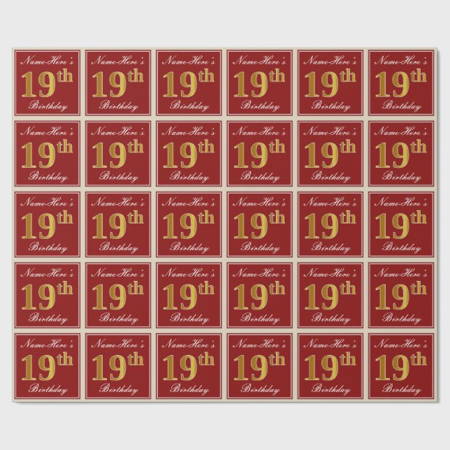Elegant, Red, Faux Gold 19th Birthday; Custom Name Wrapping Paper (Flat)