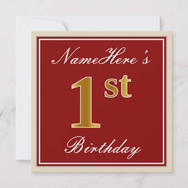 Elegant, Red, Faux Gold 1st Birthday + Custom Name Invitation (Front)