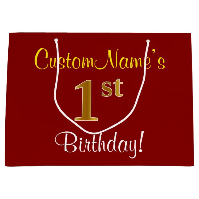 Elegant, Red, Faux Gold 1st Birthday + Custom Name Large Gift Bag (Front)