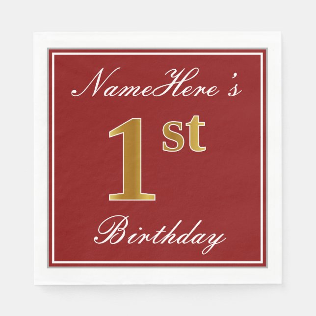 Elegant Red, Faux Gold 1st Birthday + Custom Name Napkin (Front)