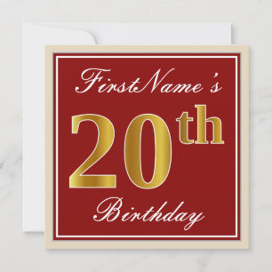 Elegant, Red, Faux Gold 20th Birthday; Custom Name Invitation