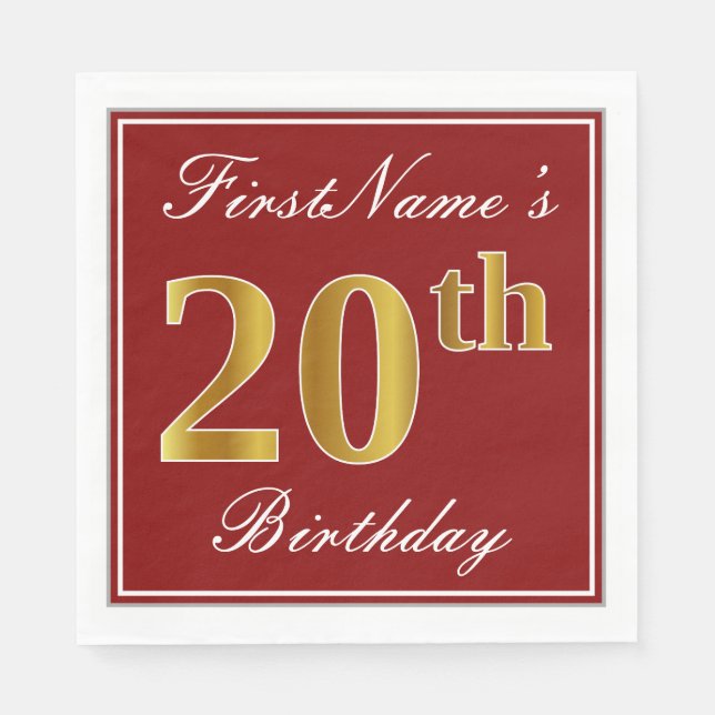 Elegant Red, Faux Gold 20th Birthday + Custom Name Napkin (Front)