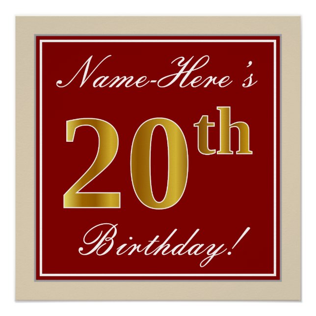 Elegant, Red, Faux Gold 20th Birthday; Custom Name Poster (Front)