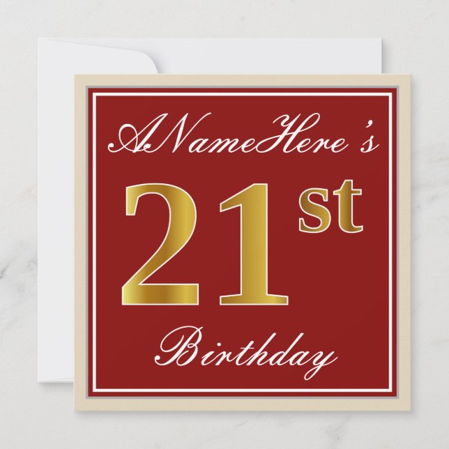 Elegant, Red, Faux Gold 21st Birthday; Custom Name Invitation (Front)