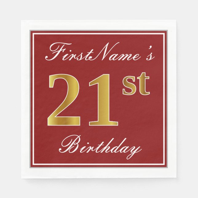 Elegant Red, Faux Gold 21st Birthday + Custom Name Napkin (Front)