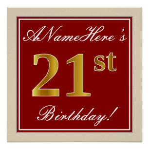 Elegant, Red, Faux Gold 21st Birthday; Custom Name Poster